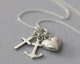 Sterling Silver Cross, Heart and Anchor Necklace, Faith Hope and Charity Necklace, Baptism Gift, Confirmation Gift Necklace, Godmother Gift