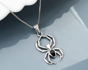 Sterling Silver Spider Necklace, Black Onyx Necklace, Spider Necklace with Black Onyx Stone