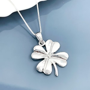 Large High Polish Sterling Silver Four Leaf Clover Pendant Necklace, St. Patrick&#39;s Day Gift, Good Luck Charm  Necklace, Wife Birthday Gift