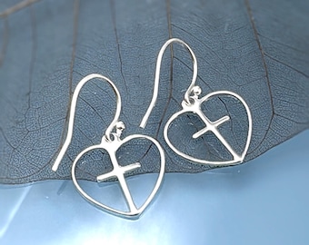 Sterling Silver Heart Cross Earrings, Lightweight Delicate and Dainty Sterling Silver Earrings