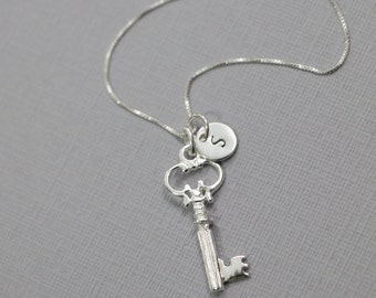 Personalized Sterling Silver Key Necklace, Custom Initial Key Necklace, Sterling Silver Necklace, Key Necklace, Girlfriend Gift,Gift for Her