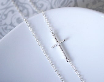Silver Sideways Cross Necklace, Sterling Silver Sideways Cross Necklace, Baptism Gift Necklace, Christmas Gift Necklace, Godmother Gift