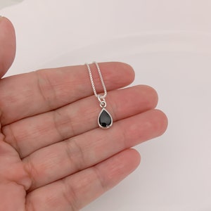 May include: A silver chain necklace with a teardrop-shaped black gemstone pendant.