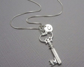 Personalized Sterling Silver Key Necklace, Custom Initial Key Necklace, Sterling Silver Necklace, Key Necklace, Necklace, Gift for Her