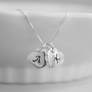 Double Heart Initial Necklace, Double Heart Initial Charm on Sterling Silver Chain, Girlfriend Gift Necklace, Anniversary Gift Necklace