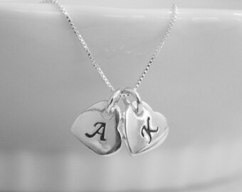 Double Heart Initial Necklace, Double Heart Initial Charm on Sterling Silver Chain, Girlfriend Gift Necklace, Anniversary Gift Necklace