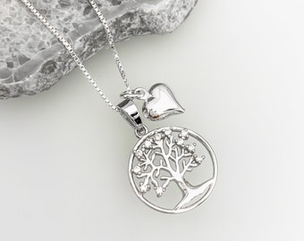 Sterling Silver Tree of Life Necklace with Tiny Puffed Heart Charm, Mom Birthday Gift, Grandmother Birthday Gift, Mother of the Groom Gift