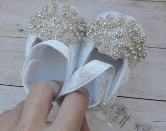 Baby crystal shoes ballet slippers Flower girl shoes Baby and toddler girl Christening Baptism Princess shoes Wedding shoes White or Pink
