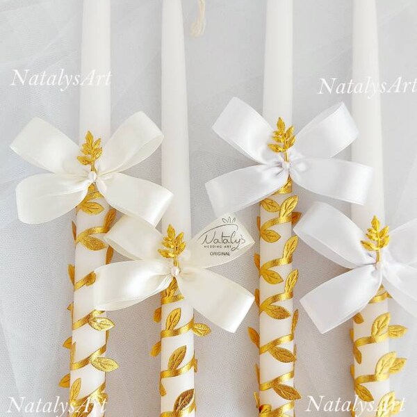 Wedding Lampathes Orthodox Candles Greek Wedding Lambades Greek Wedding candles White or Ivory * Silver or Gold leaves