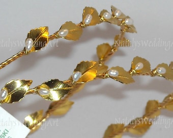 Gold Leaf Stefana Crowns, Greek Orthodox Wedding Tiaras with Pearls