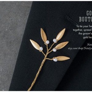 Gold leaf Boutonniere Gold Plated Leafs with Freshwater pearl - Gold boutonniere - Groomsman accessory &#39;&#39;Featured in &#39;&#39;Smitten&#39;&#39; magazine
