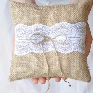 Burlap Ring Pillow with White Lace - Rustic Wedding Cushion