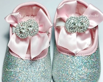 Baby shoes Pink ballerina shoes Baby Wedding shoes Crystal shoes Blessing Baptism shoes Infant slippers Girl Christening shoes