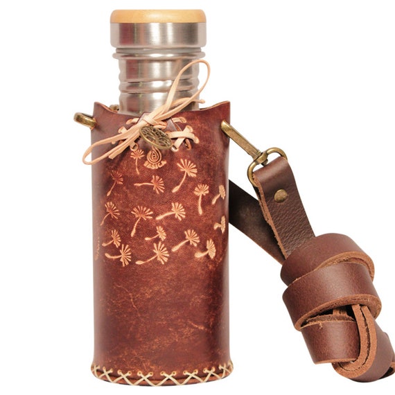 Brown Leather Water Bottle Holder with Tree Charm Brown - Tree of life - Deluxe water bottle holder | Vesica main image 2
