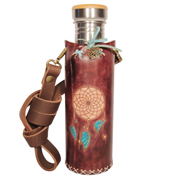 Brown Leather Water Bottle Holder with Tree Charm Brown - Tree of life - Deluxe water bottle holder | Vesica main image 4