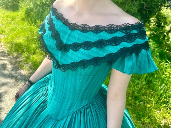 green victorian dress arsenic Antique Victorian Arsenic Green Dress 1870s Bustle