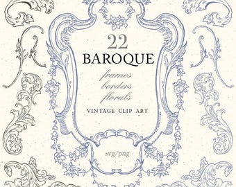 Baroque vintage clip art, rococo frames, wedding crest borders acanthus ornament chinoiserie florals artisan toile de jouy letterpress 510GB