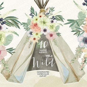 Peinture à l'aquarelle de tipi, dessin de tee pee, clipart, fleurs d'eucalyptus, thème de mariage clipart boho boho aquarelle sauvage tipi. 235 Go