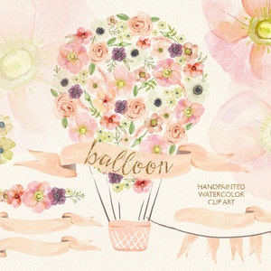 Balão de ar quente em aquarela flores pastel, rosas, anêmona, peônia, flores de casamento, buquê, clipart floral, convite vintage diy 249GB