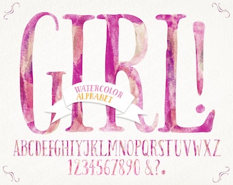 Watercolor digital hand painted letters alphabet pink baby girl blogging reveal shower png clip art numbers diy card. 166GB