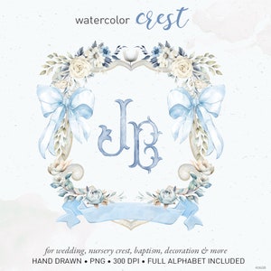 Crest watercolor, wedding crest, monogram letters, watercolor alphabet, vintage blue DIY nursery baby room decoration PNG clip art. 406GB