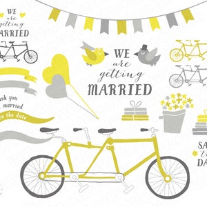 Bicicleta tandem clipart, balões em forma de coração, noiva, noivo, cesta de flores, recém-casados, salve a data, convite, papelaria amarela 022GB
