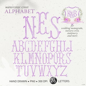 Wedding crest letters, monogram watercolor alphabet, vintage dusty light purple DIY crest baby initials, family crest, PNG clip art. 313GB