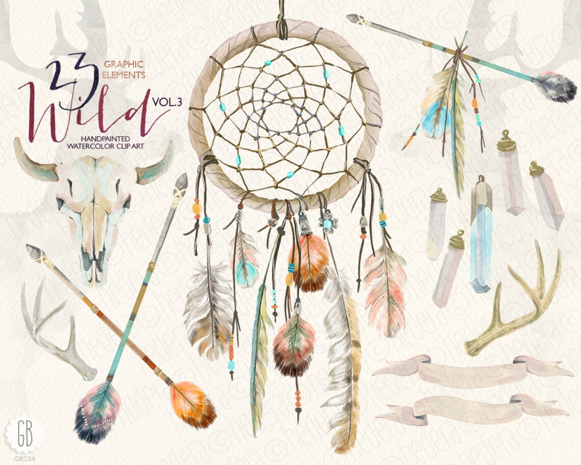 Watercolor Dream Catcher Skull Antlers Arrows Feathers Etsy