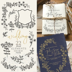 Clip art de casamento. Convite diy elementos florais. Imagens de papelaria tipográfica artesanal. Vetor cor editável. Arquivos svg png. 506 GB B