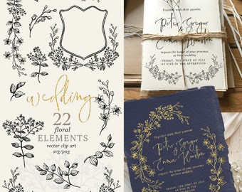 May include: A set of 22 black and white floral wedding clip art elements. The elements include wreaths, branches, and leaves. The text "wedding" is written in gold glitter. The text "22 floral elements vector clip art svg/png" is also included.