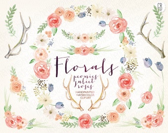 watercolor flower wreath, juliet roses, peonies, wedding flowers, antlers, florals, floral clip art. Instant download. 221GB
