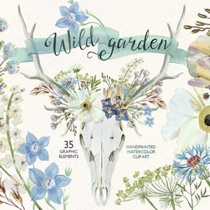 Aquarel wilde bloemen, bloemen hertenschedelgewei, tribal, wild, boho, boho-illustraties, babyshower, illustraties, klaprozen, klaproos 263 GB