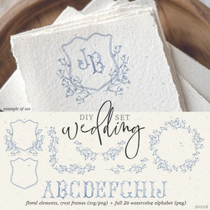 Clipart bruiloft uitnodiging. Floral vector silhouetten svg blauwe elementen. Aquarel kuifalfabet. DIY briefpapier svg png instant. 502 GB A
