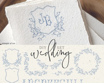 Wedding invitation clip art. Floral vector silhouettes svg blue elements. Watercolor crest alphabet. DIY stationery svg png instant. 502GB A
