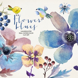 Fleurs bleues, aquarelle, clip art floral, fleur peinte à la main, floristique, oiseaux, papillons, bleu royal, baies, invitation de bricolage. 257 Go