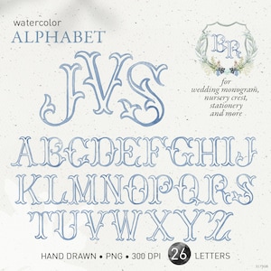 Letras de monograma de casamento, alfabeto de aquarela de brasão, iniciais de bebê de brasão DIY azul claro empoeirado vintage, brasão de família, clipart PNG. 317 GB