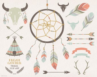 Dreamcatcher, teepee, feathers, crossed arrows, tribal clipart, antlers, skull, buffalo, bison, vector, clip art, party stationery. 126GB