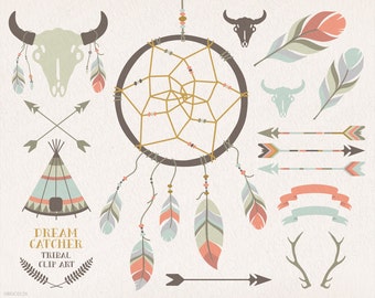 Dream catcher, teepee, feathers, crossed arrows, tribal clipart, antlers, skull, buffalo, bison, vector, clip art, party stationery