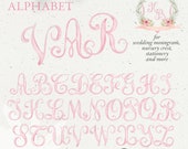 Nursery crest letters, wedding monogram watercolor script alphabet, handpainted vintage blush pink DIY baby initials PNG clip art. 319GB F