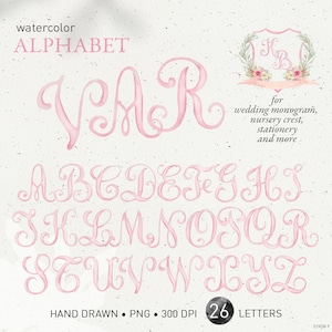 Letras de brasão de berçário, monograma de casamento em aquarela, alfabeto, clipart PNG de iniciais de bebê DIY em rosa blush vintage pintado à mão. 319 GB F
