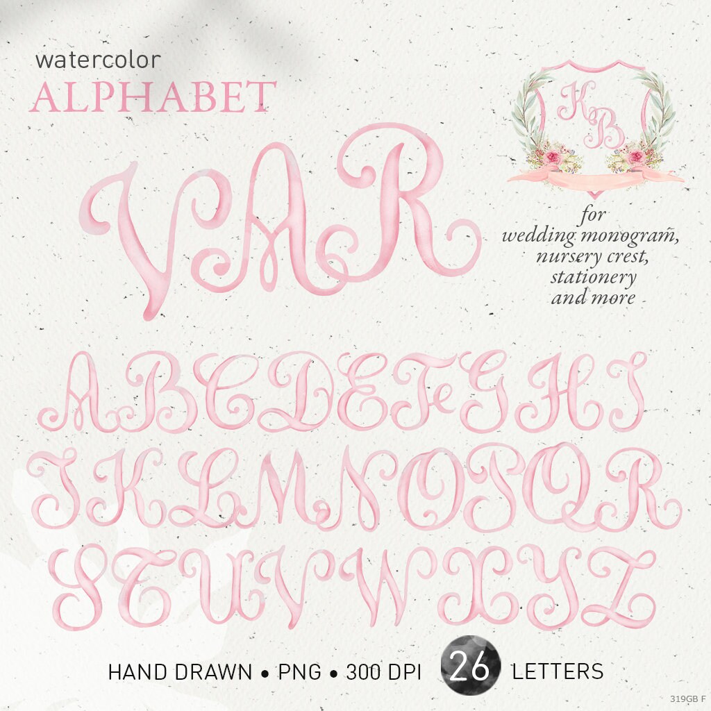 Nursery crest letters, wedding monogram watercolor script alphabet, handpainted vintage blush pink DIY baby initials PNG clip art. 319GB F