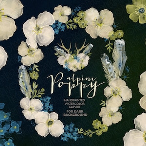 Watercolor wreath, alpine poppy, hydrangea, feathers, wedding flowers, antlers, floral clip art, watercolor invite, diy invitation 223GB