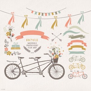 Bicicleta tandem, cesta de flores, guirlandas florais, fitas, bicicleta vetorial, bordas, clipart vetorial, louros, elementos de convite de casamento. 115 GB