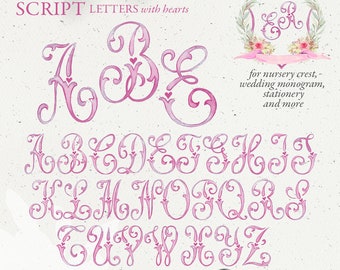 Wedding crest letters, monogram script watercolor alphabet, vintage dusty light pink DIY crest family baby initials, PNG clip art. 309GB