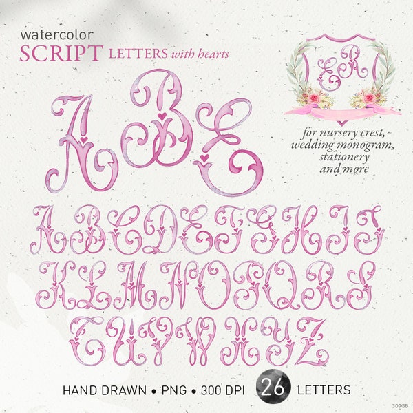 Wedding crest letters, monogram script watercolor alphabet, vintage dusty light pink DIY crest family baby initials, PNG clip art. 309GB