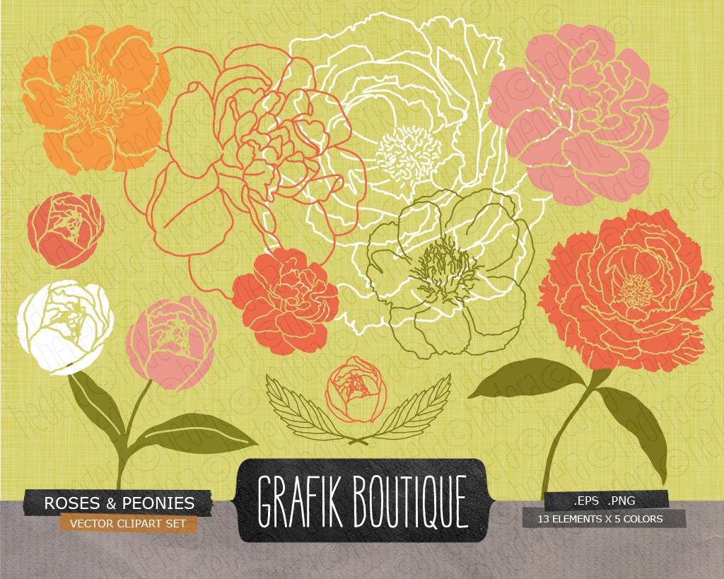 Flowers roses peonies digital vector clip art, wedding, save the date, label, peony, diy invitations.