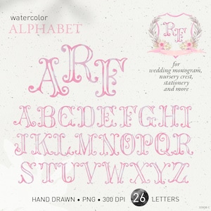 May include: Watercolor alphabet in a pink and white color scheme. The letters are in a decorative script font with swirls and flourishes. The letters are arranged in alphabetical order. The text "watercolor alphabet" and "HAND DRAWN. PNG 300 DPI 26 LETTERS" is also included in the image.