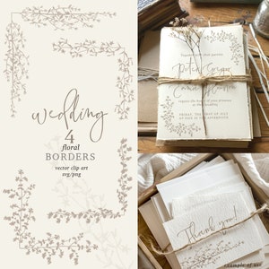 May include: Four floral borders in a light brown color, perfect for wedding invitations or other stationery. The borders are made of delicate, hand-drawn branches and leaves. The text "wedding" is written in a cursive font at the top of the image. The text "4 floral borders" is written in a sans-serif font below the word "wedding". The text "vector clip art svg/png" is written in a sans-serif font below the text "4 floral borders".
