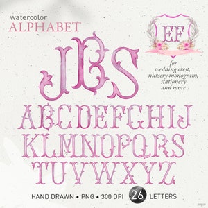 Wedding crest letters, monogram watercolor alphabet, vintage dusty light pink DIY crest baby initials, family crest, PNG clip art. 306GB