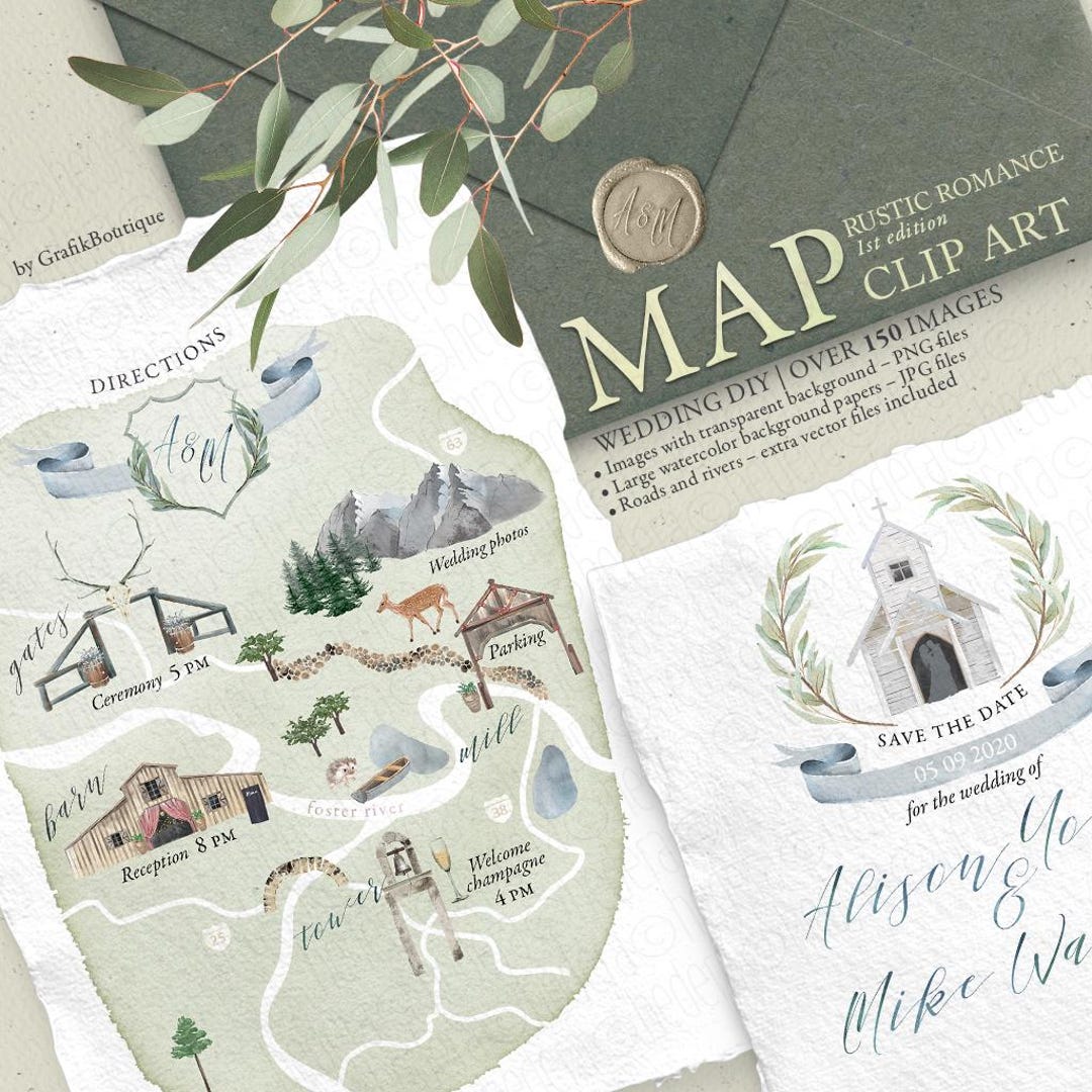 Wedding MAP Clip Art. Invitation Elements. Rustic Romance. Artisan  Stationery. Bohemian Barn Farm Mountains. Watercolor PNG Clip Art. 300GB -  Etsy, image size:1080x1080
